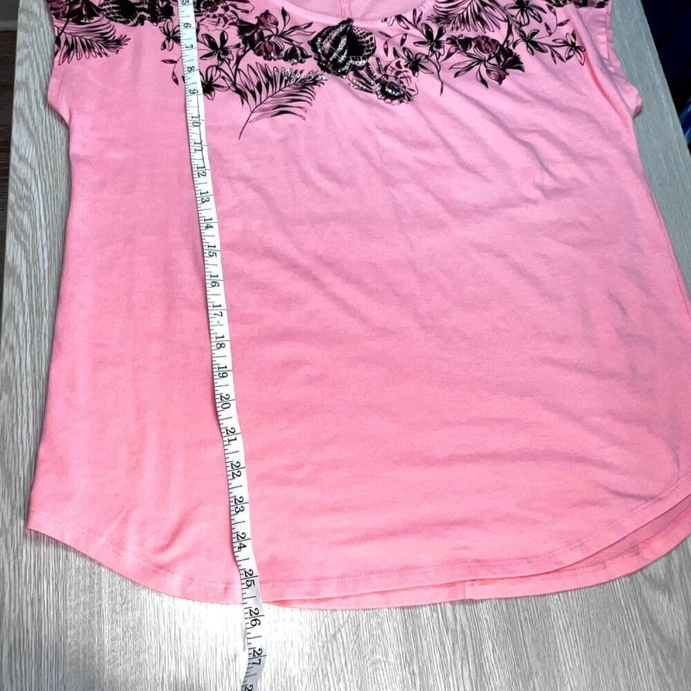 Coral Bay Blouse Womens L Peach Floral Seashell Silver Beaded Neck Short Sleeve - Picture 13 of 14